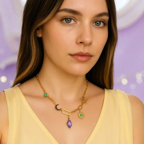 🆕 Boho Celestial Chic 18K Gold Plated Charm Necklace With Star Moon Sun Motifs - Picture 8 of 9